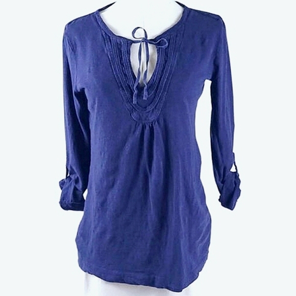 Ann Taylor Loft Blue Pleated Button Sleeve Shirt XS V-Neck Lace-Up Tie - Picture 1 of 5